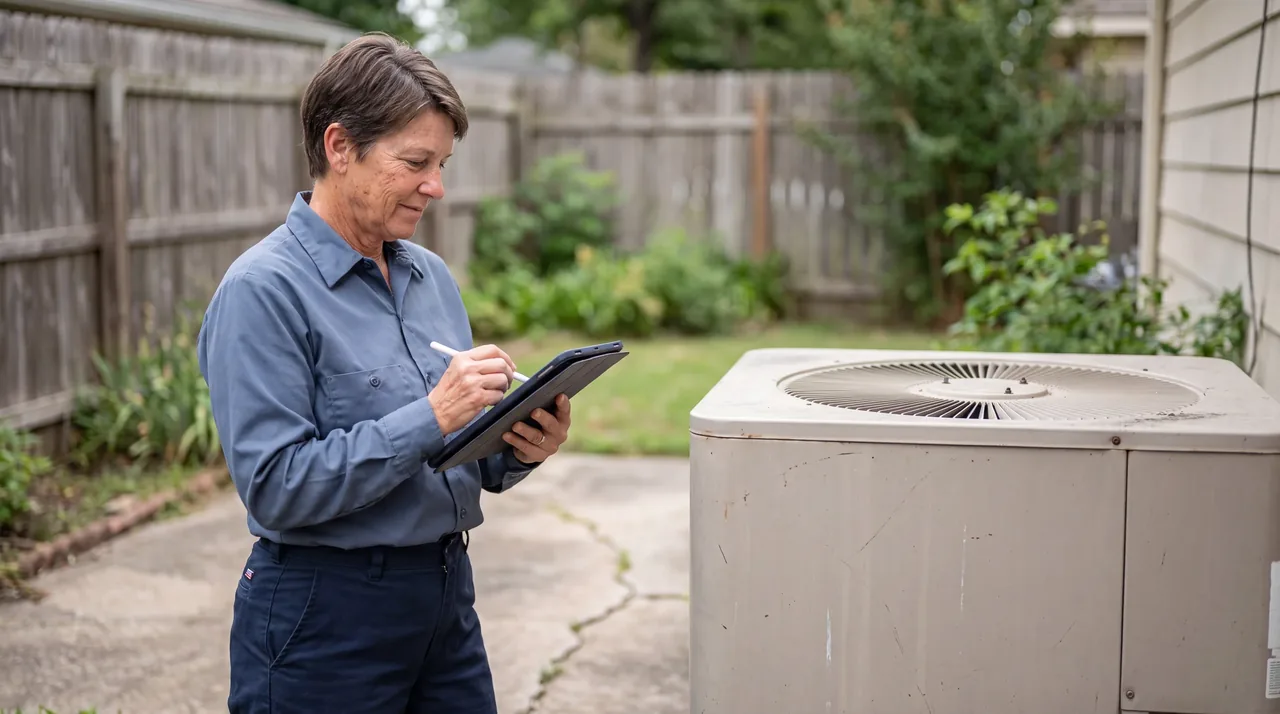 A Larkfield technician logging a condenser reading in a backyard