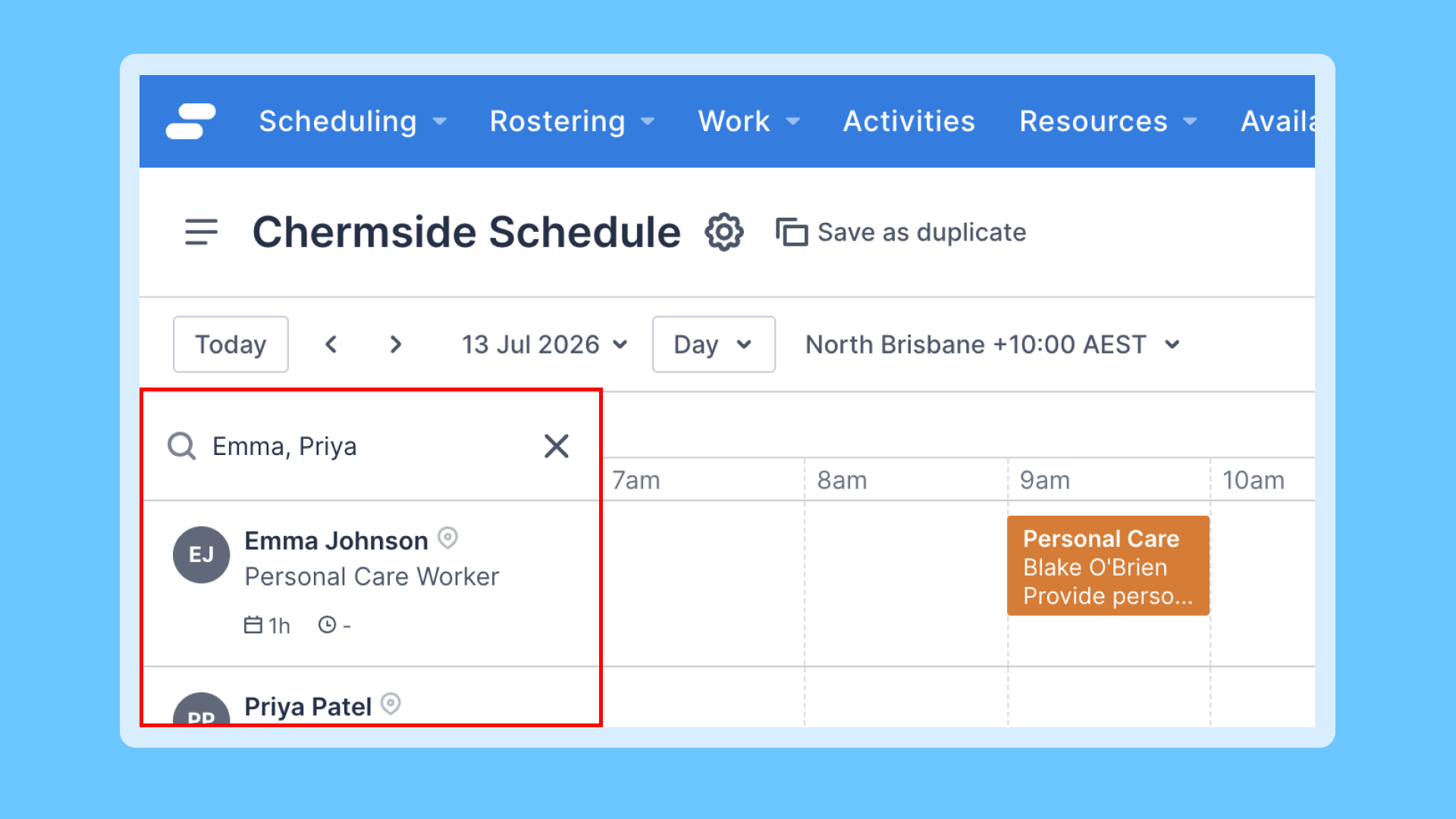 Skedulo web app showing resource search bar being typed in to find resources