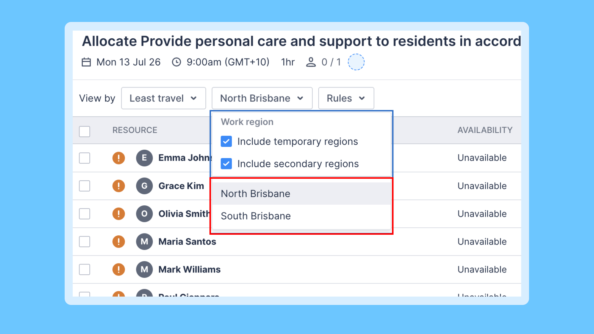 Allocation modal showing dropdown with options to switch between Regions