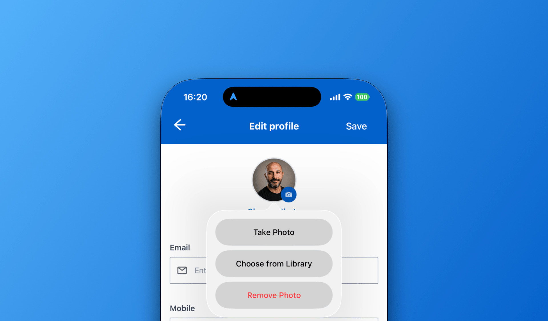 Image of phone with options to edit a profile photo including Take a photo, choose from library and delete photo