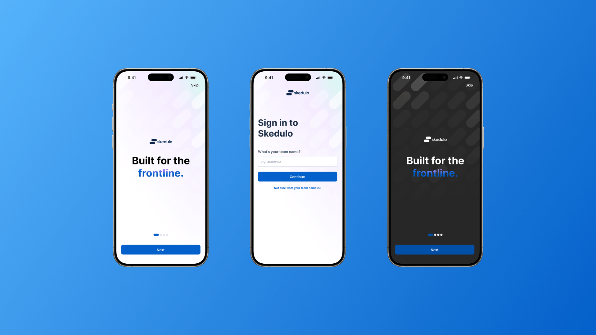 Marketing image of three phones with login to Skedulo