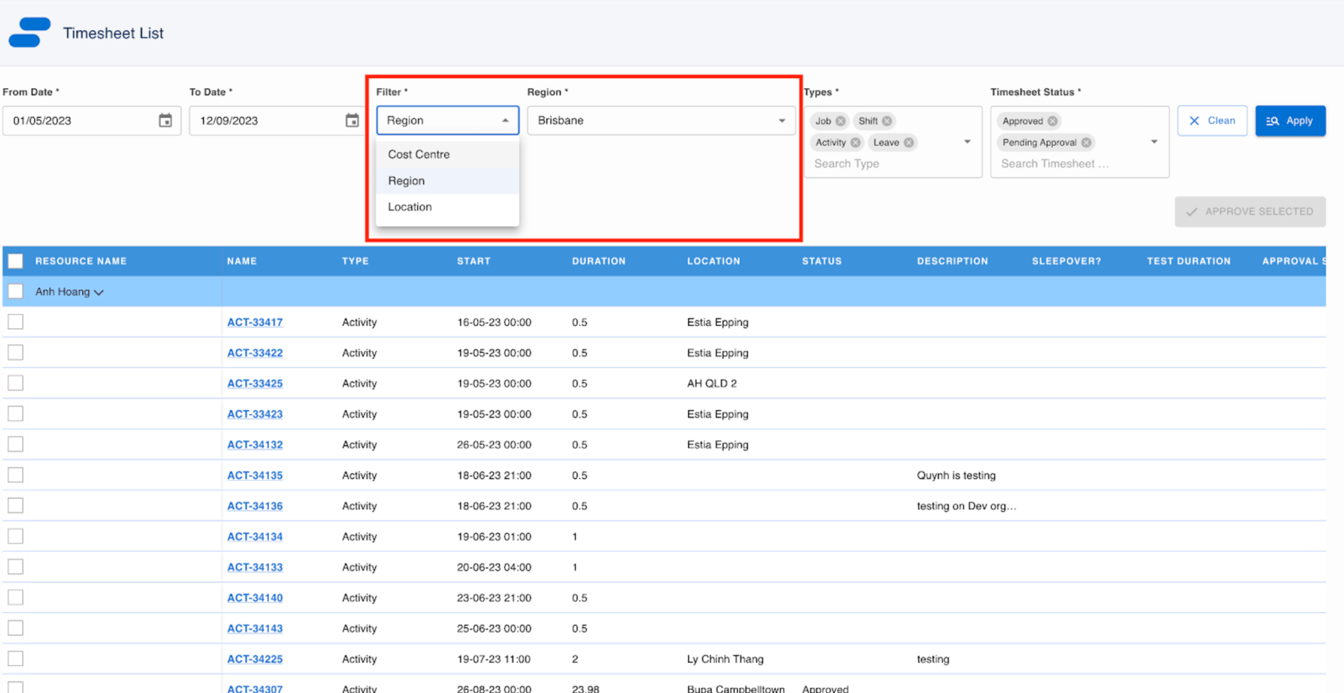 Revamped Timesheet List with the Filter dropdown (Cost Centre, Region, Location) and Region filter highlighted