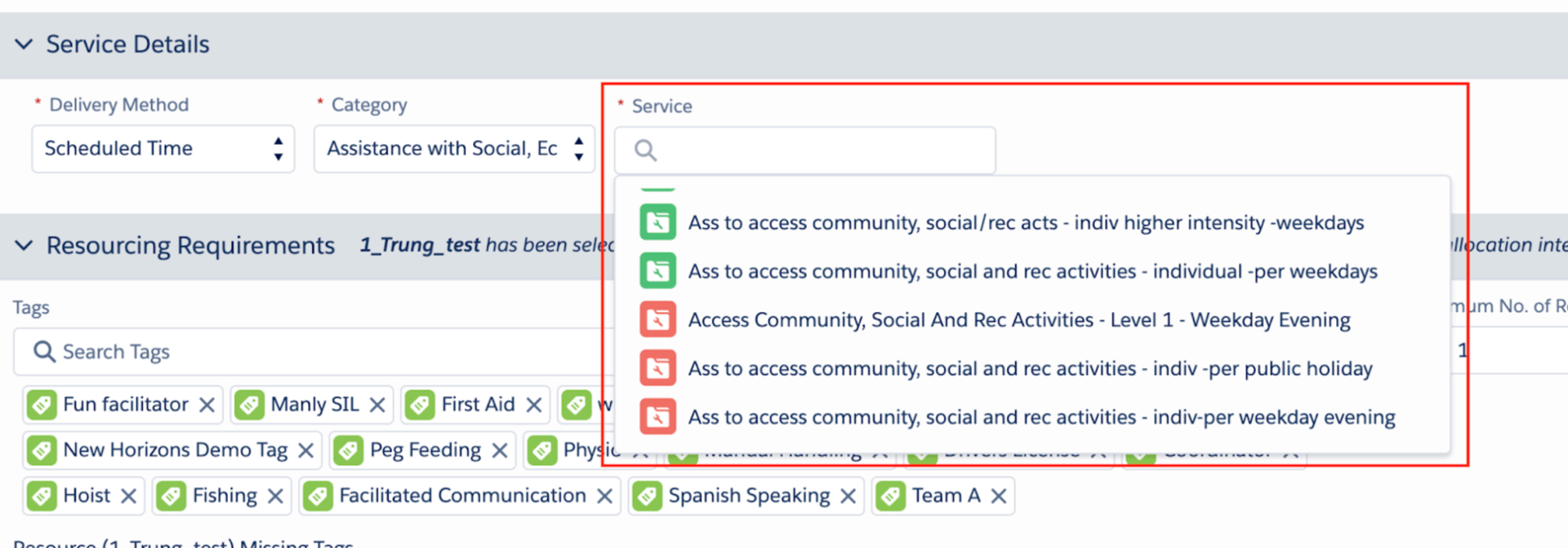 Service dropdown in Service Details listing services with green and red time-of-day icons