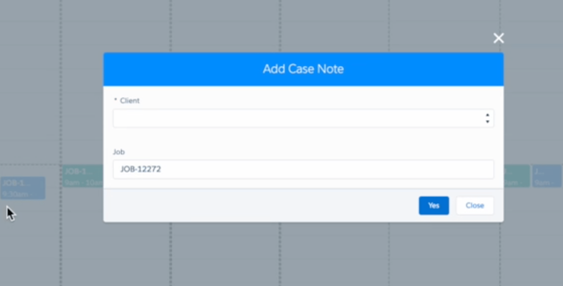 Add Case Note dialog with a Client selector and the Job ID filled in