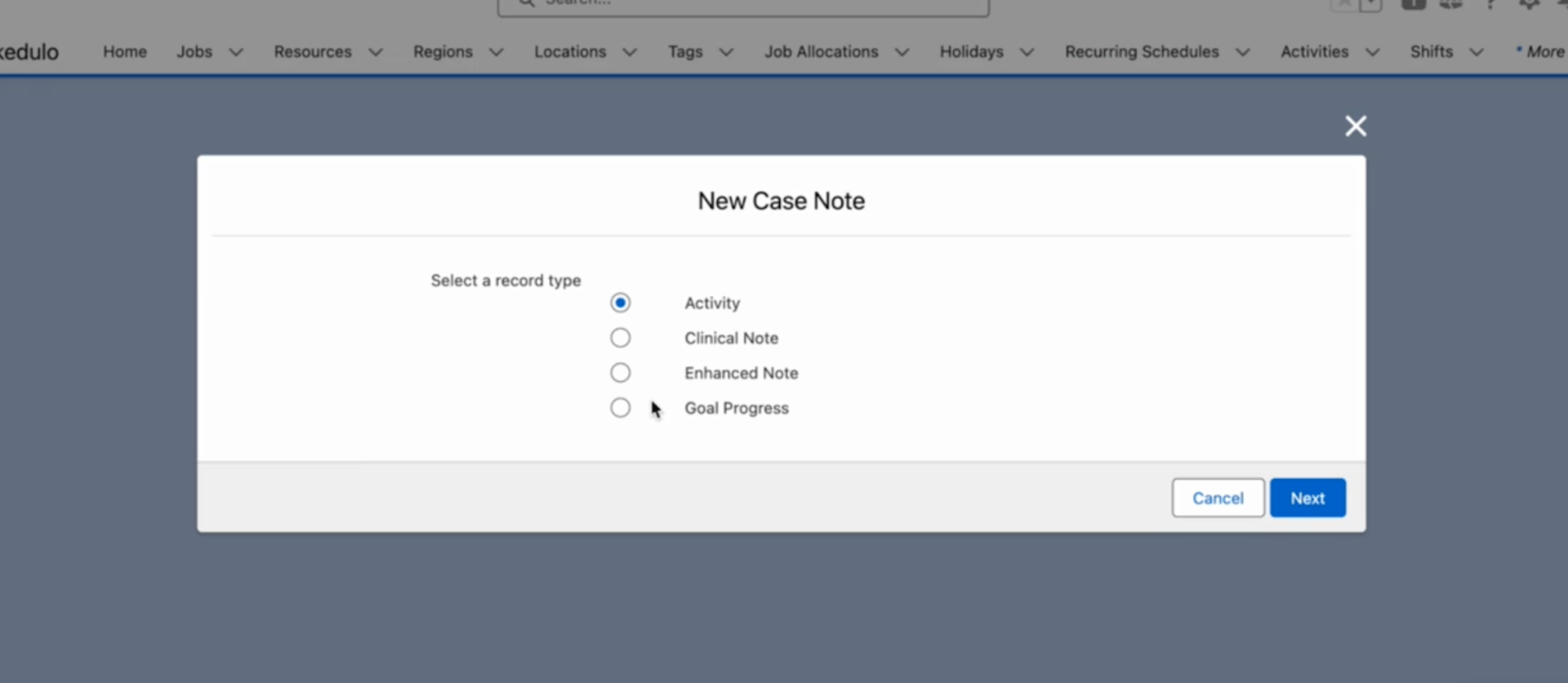 New Case Note dialog for choosing a record type: Activity, Clinical Note, Enhanced Note or Goal Progress