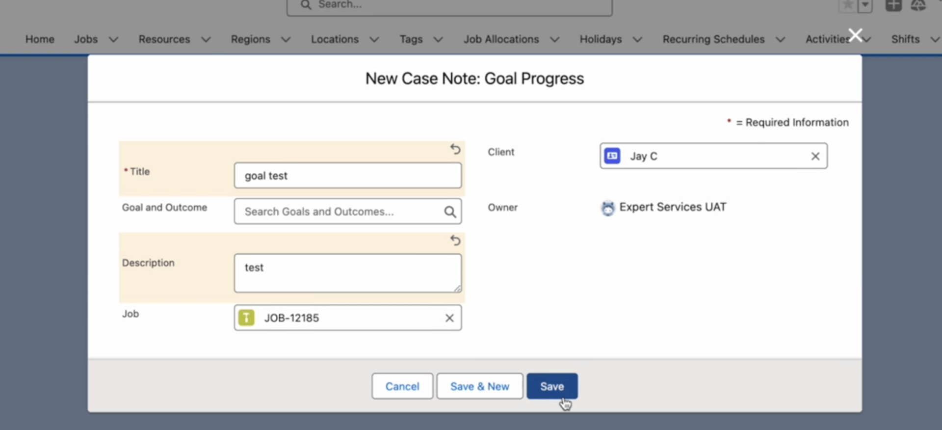 New Case Note: Goal Progress form with title, description, client and job fields filled in