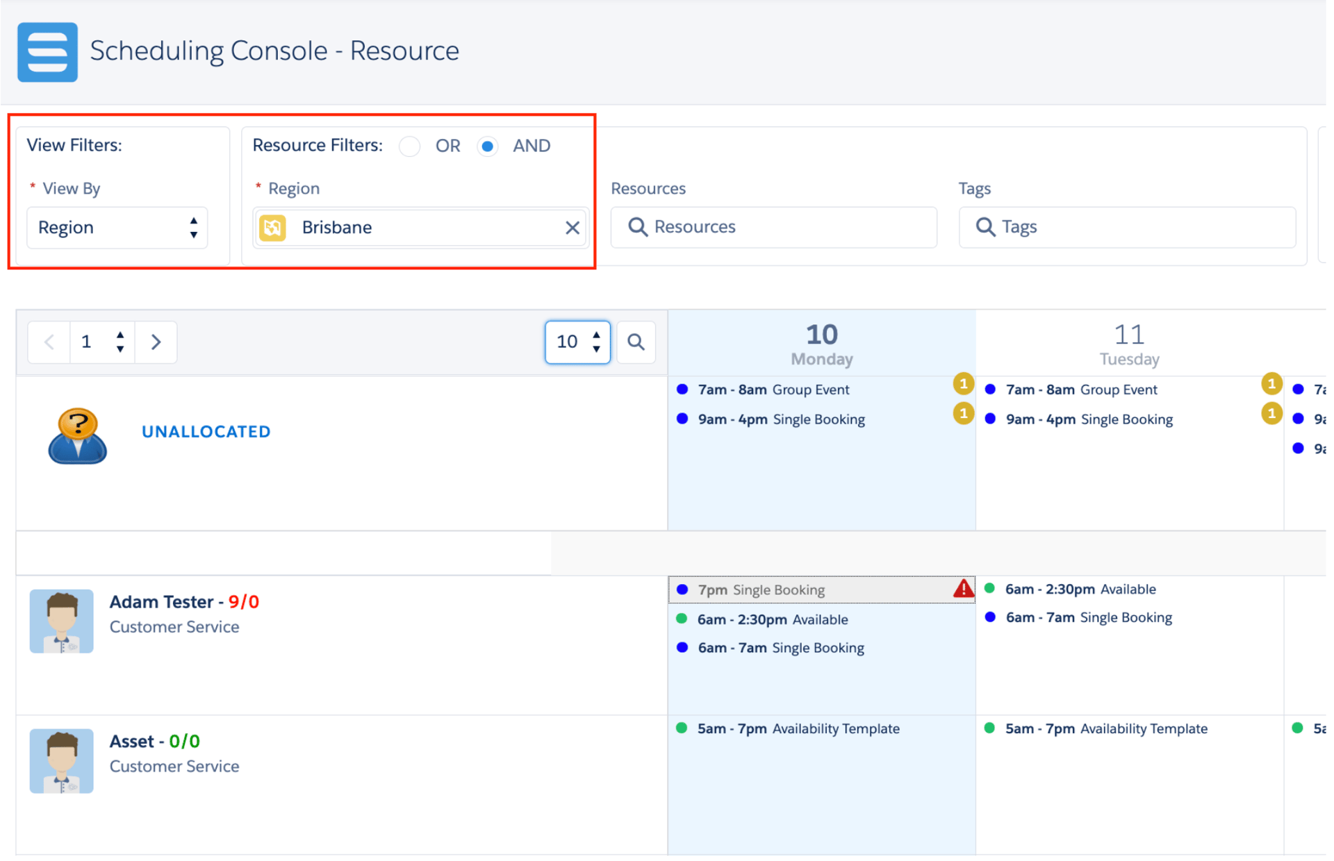 Scheduling Console with View By set to Region and Brisbane selected, showing unallocated jobs and resources