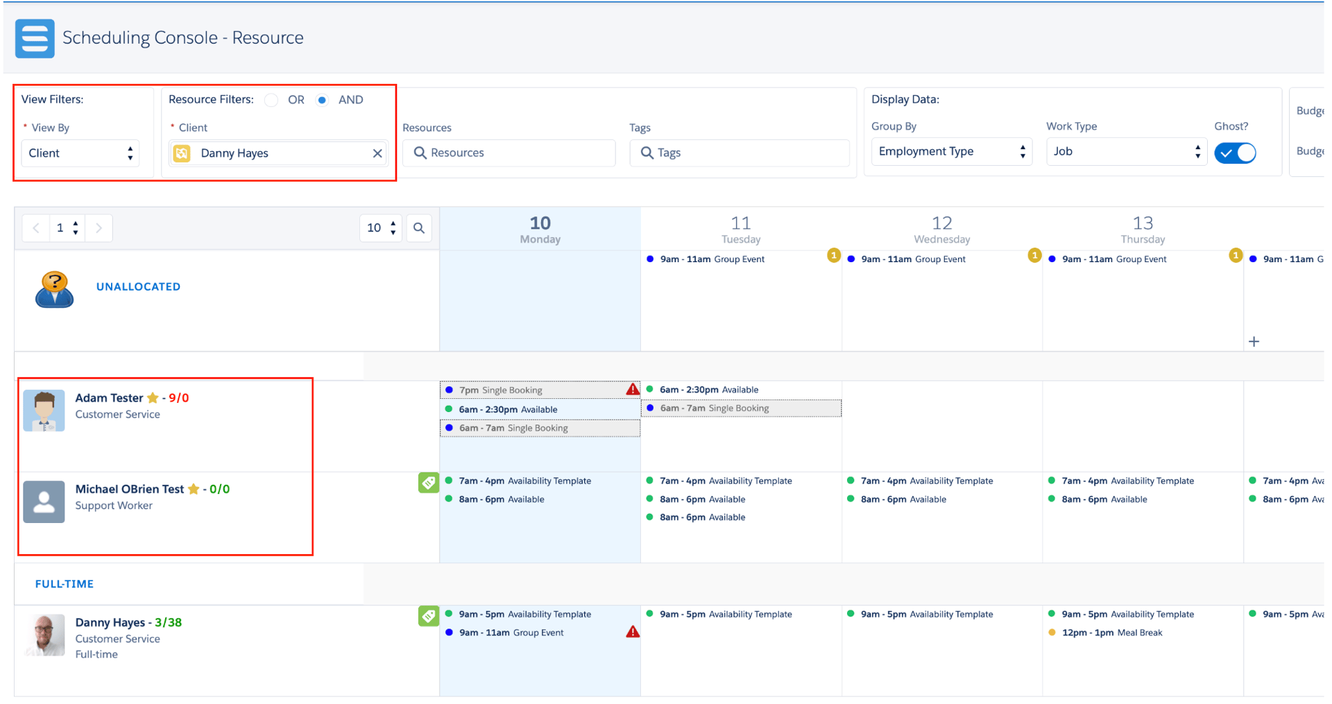 Scheduling Console with View By set to Client, showing the client's jobs and resources for the week