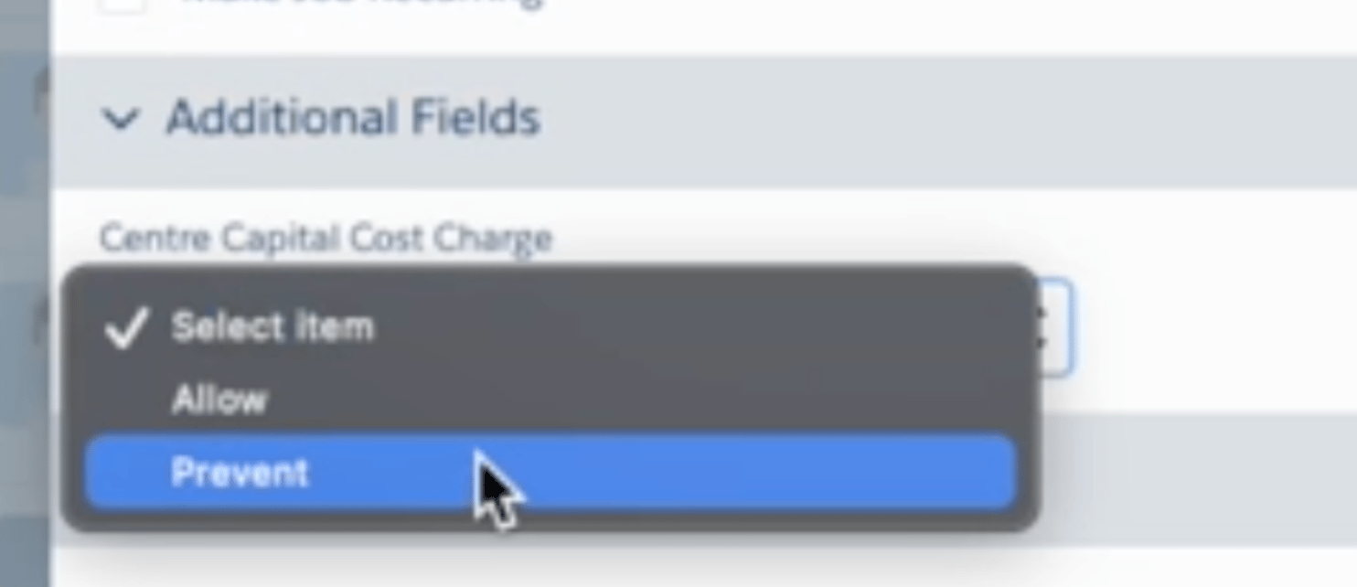 Additional Fields picklist for Centre Capital Cost Charge with Allow and Prevent options