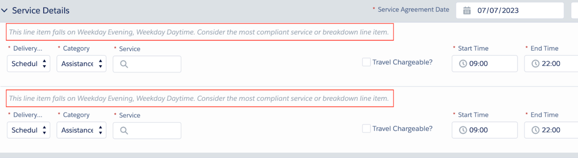 Service Details line items with a message that the item falls on Weekday Evening and Weekday Daytime