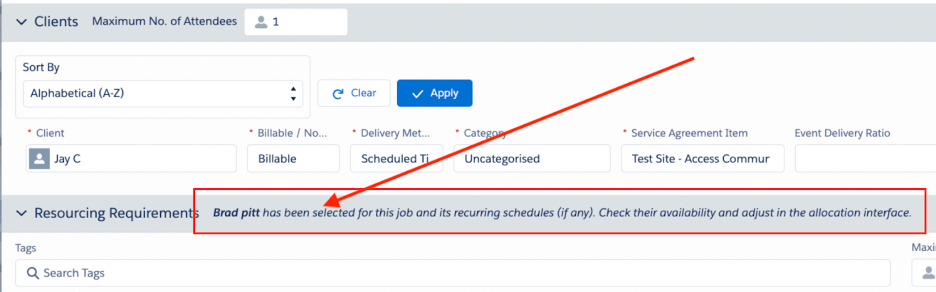 Job creation window with a message that the selected resource has been chosen for the job and its recurring schedules
