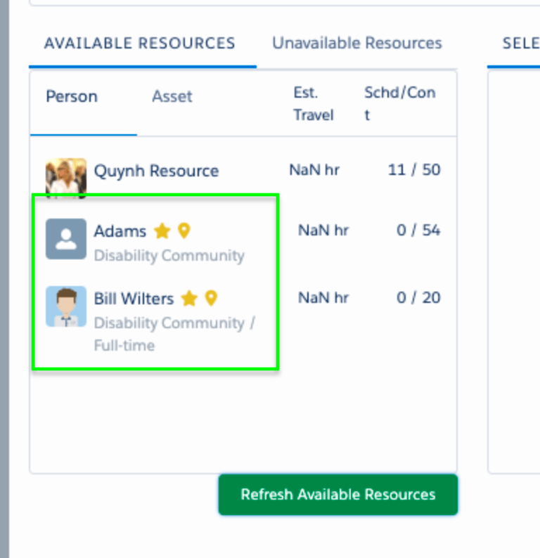 Available Resources list with resources marked by a yellow star and yellow location pin