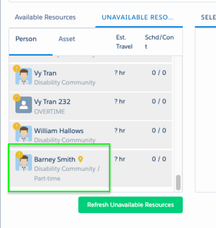 Unavailable Resources list with a resource marked by a yellow location pin