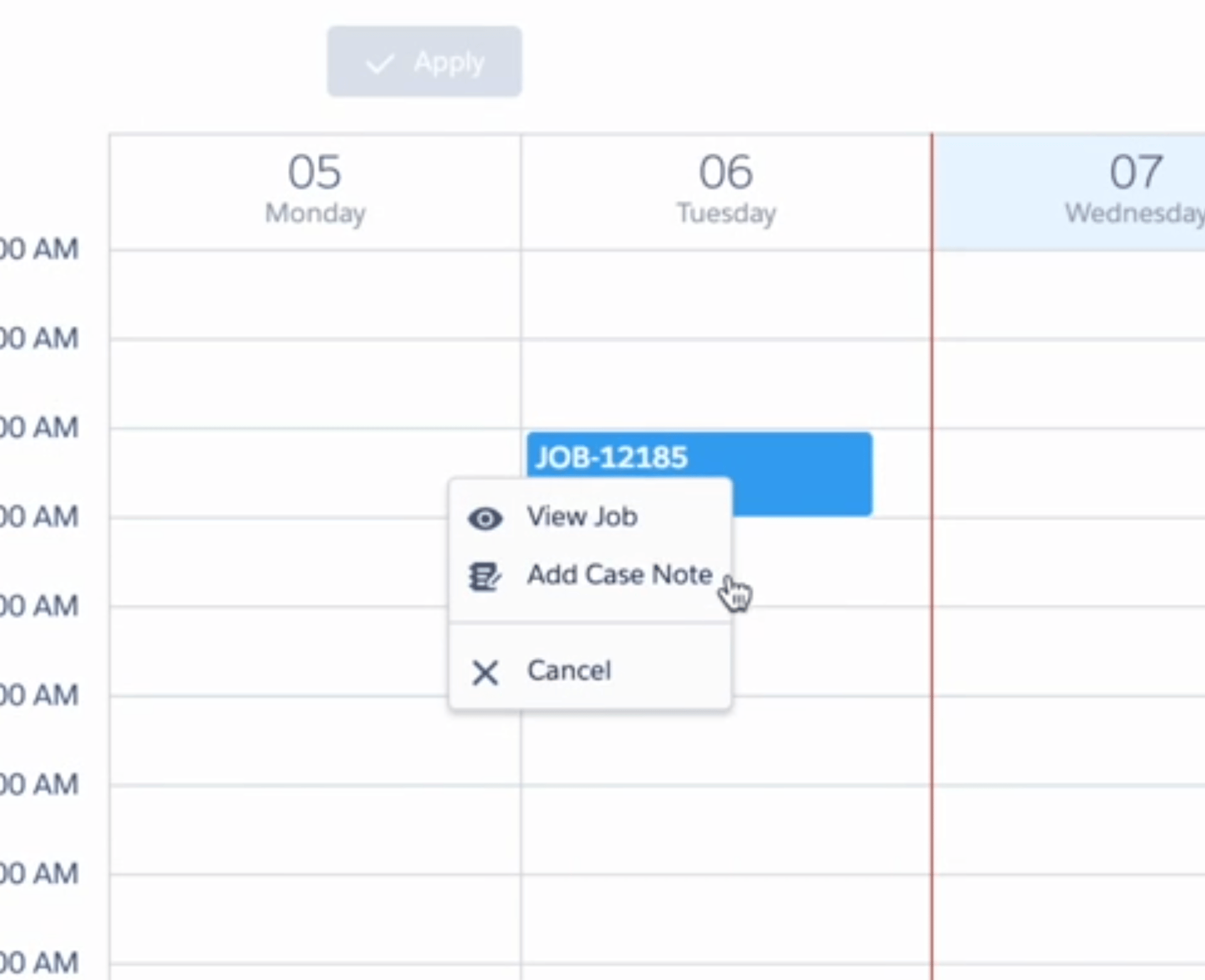 Resource Calendar right-click menu on a job with View Job, Add Case Note and Cancel options