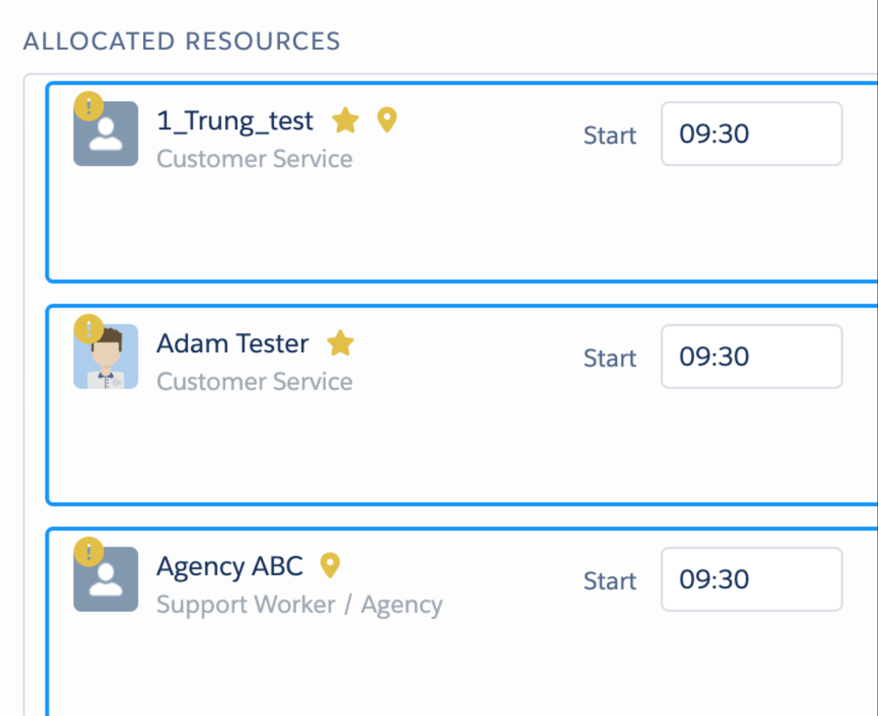 Allocated Resources list with warning icons and yellow star and pin inclusion indicators on each resource card