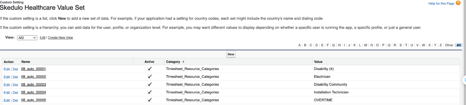 Skedulo Healthcare Value Set custom settings listing Timesheet_Resource_Categories entries and values