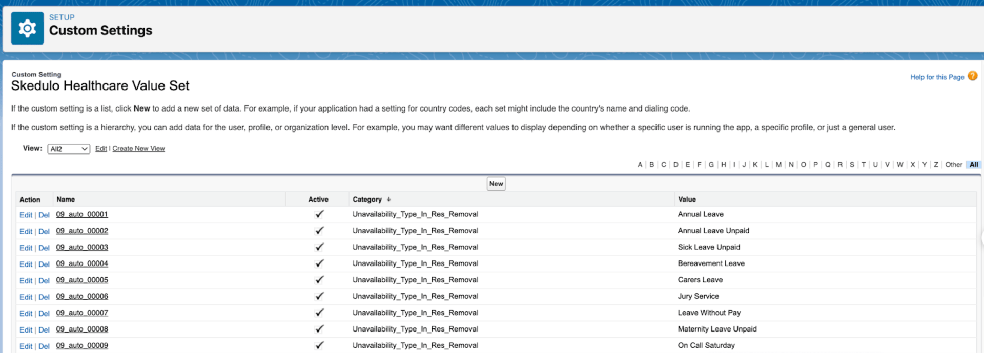 Skedulo Healthcare Value Set custom settings listing Unavailability_Type_In_Res_Removal leave types