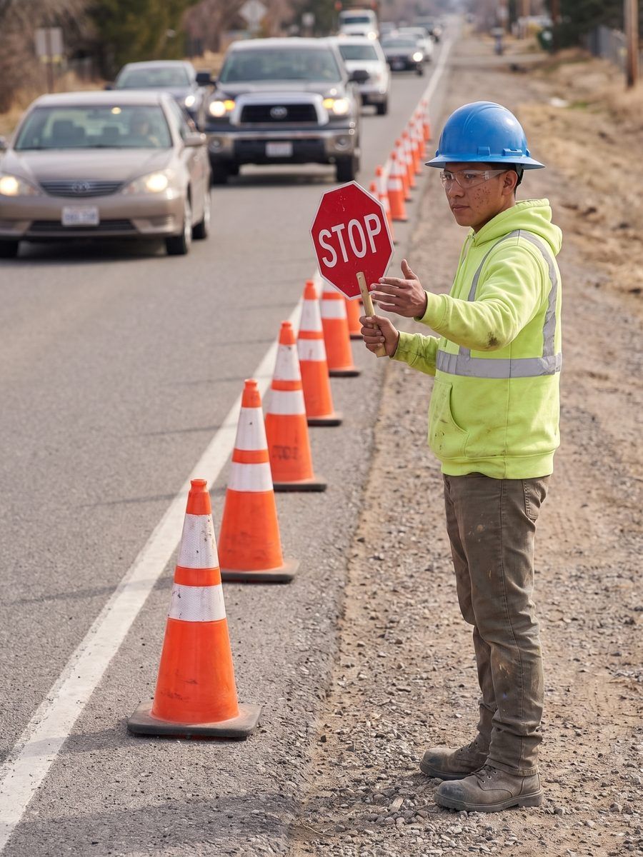 AWP Safety traffic controller holding a stop paddle at a coned work zone