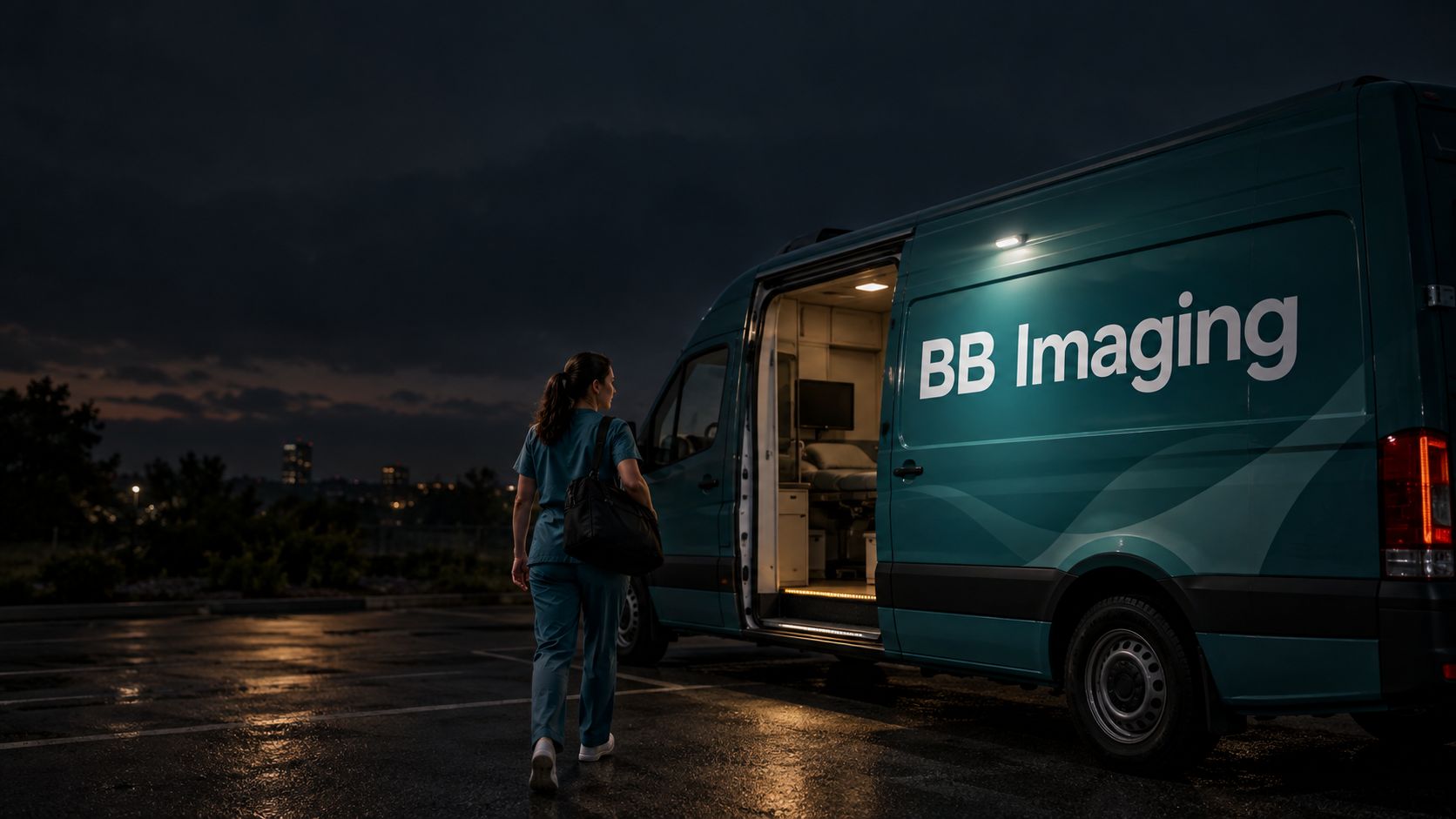 BB Imaging sonographer arriving at a mobile clinic