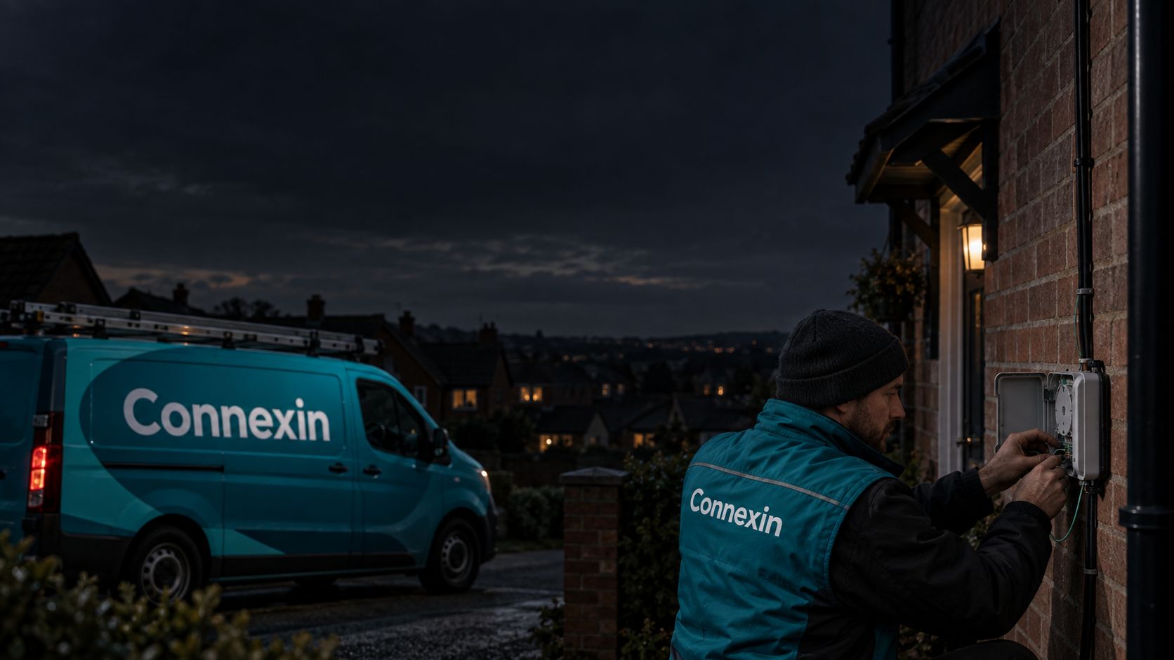 Connexin engineer working on a wall-mounted box outside a brick house at dusk, Connexin van behind
