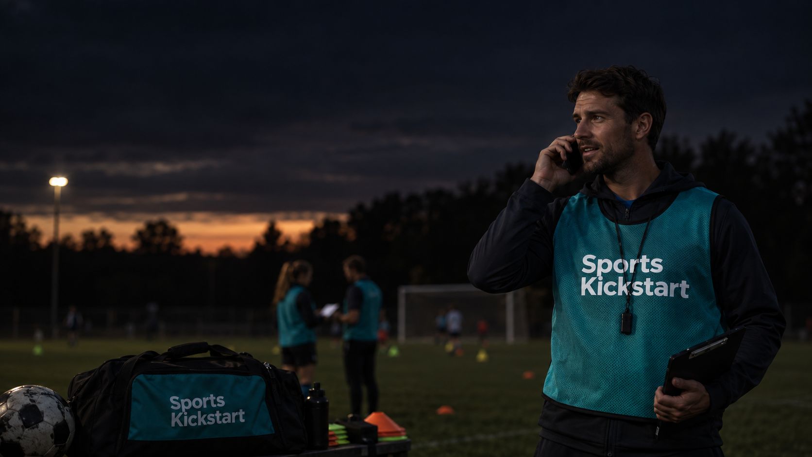 Sports Kickstart coach coordinating with staff on mobile
