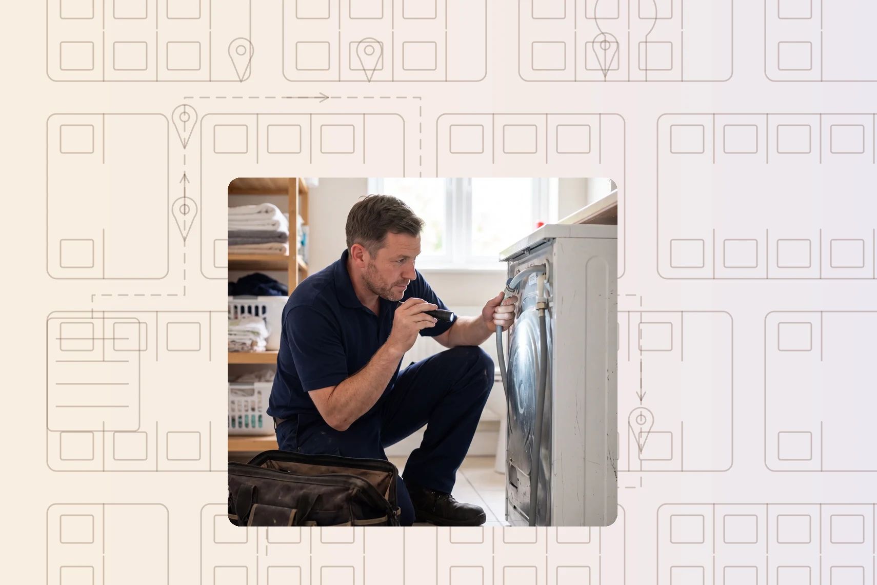Appliance repair tech checking hose behind pulled-out washing machine