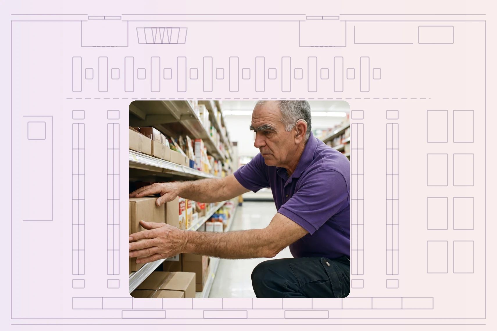 Worker kneeling to face up shelf stock