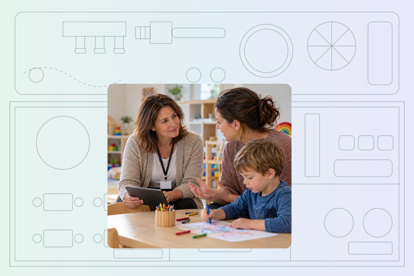 Caseworker with a tablet talking with a mother while her young son draws in a family services playroom
