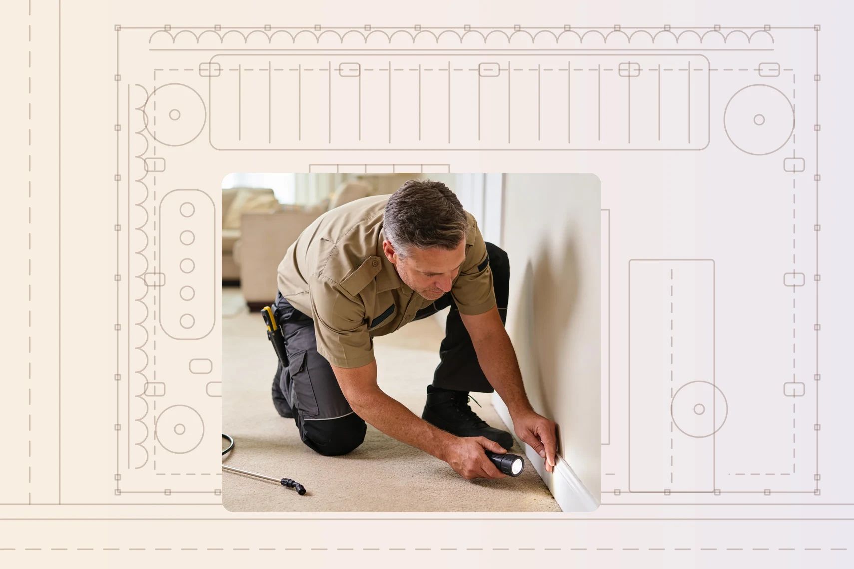 Pest control technician inspecting skirting board by torchlight