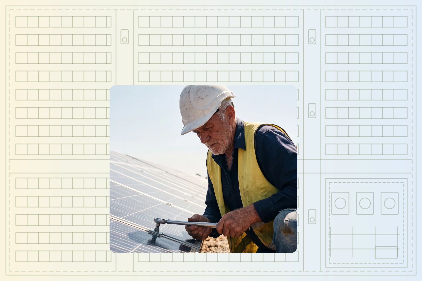 Installer torquing racking bolts at row end in midday glare