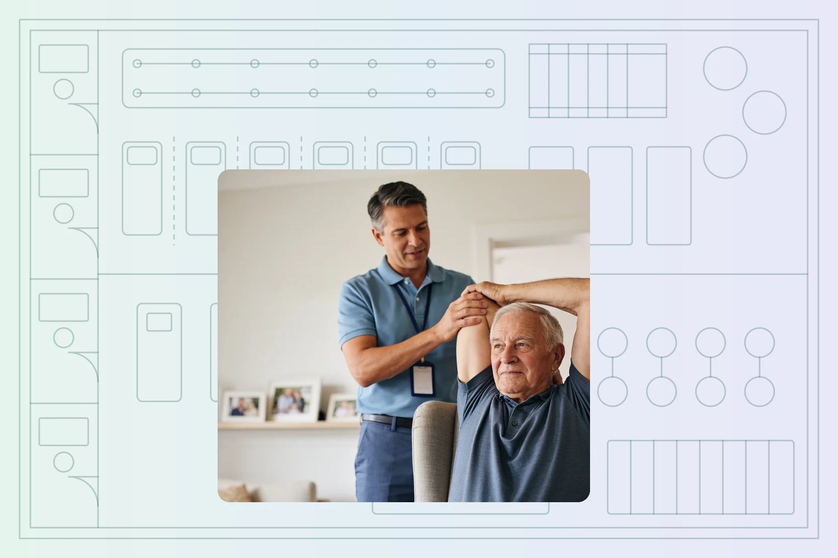 Physiotherapist coaching elderly man through arm stretches at home