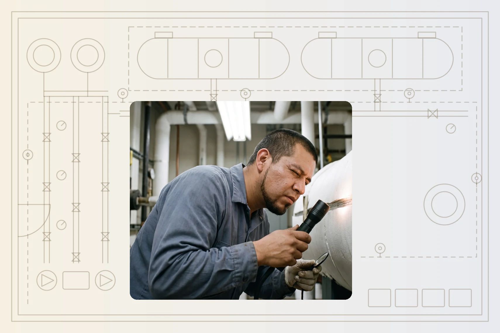 Inspector torching along boiler weld seam in plant room