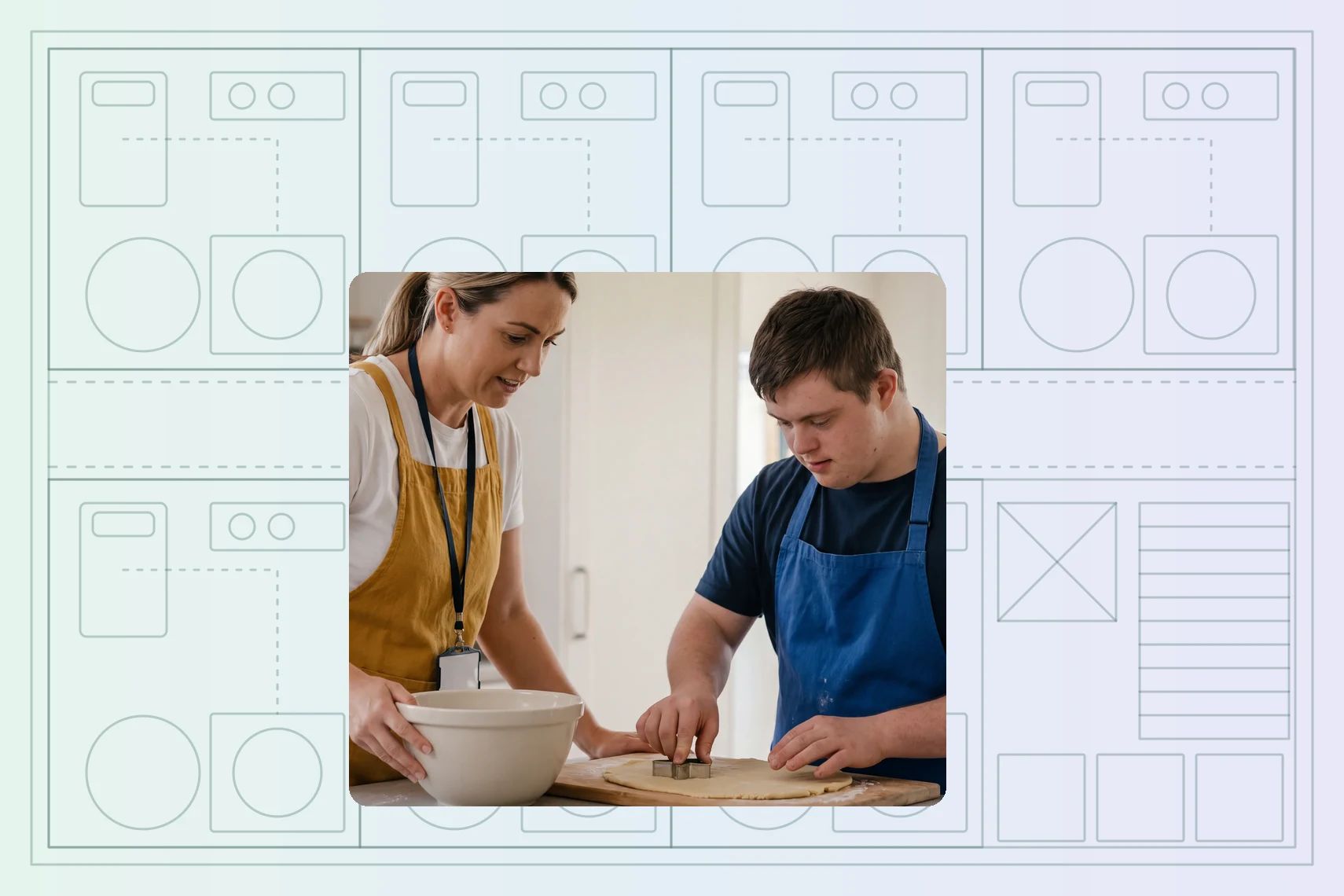 Support worker baking alongside young man with Down syndrome in supported living kitchen
