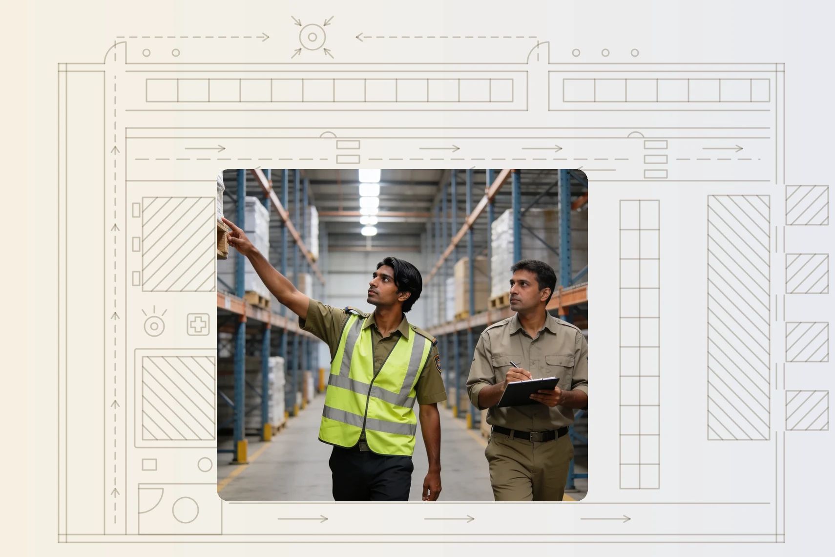 EHS officer walking warehouse aisle with supervisor noting pallet overhang