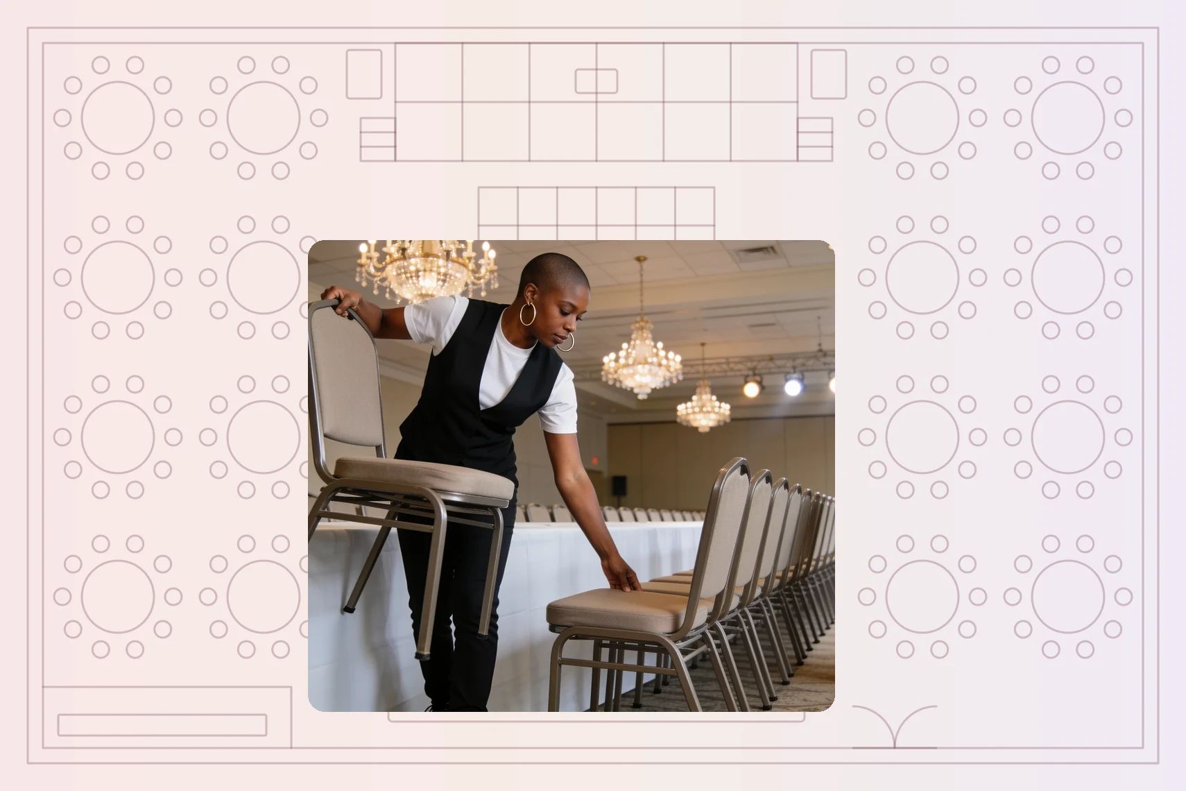 Staff setting banquet chairs down a ballroom row, colleague wheeling next stack