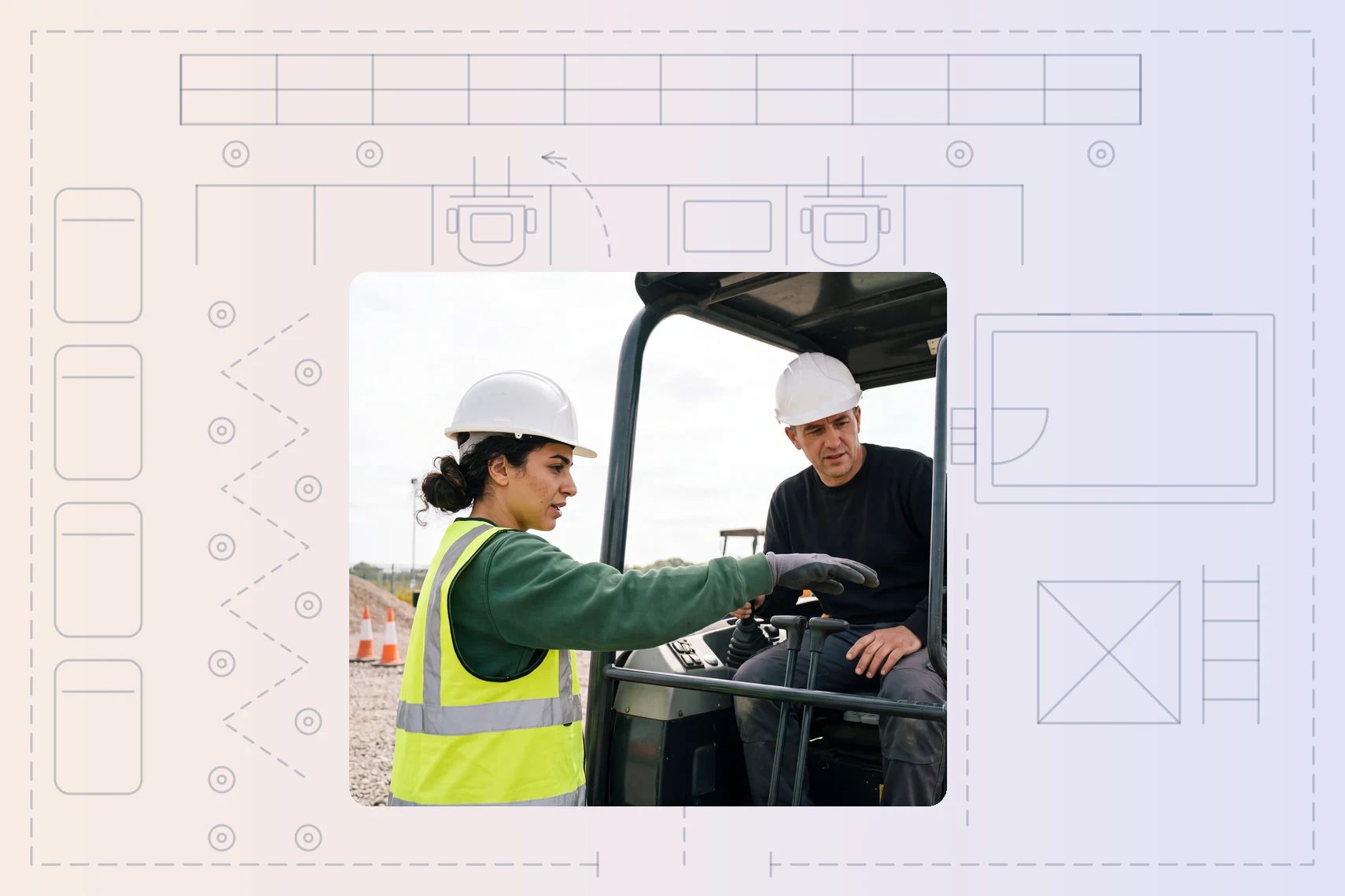 Assessor pointing across excavator controls to a candidate seated in the cab
