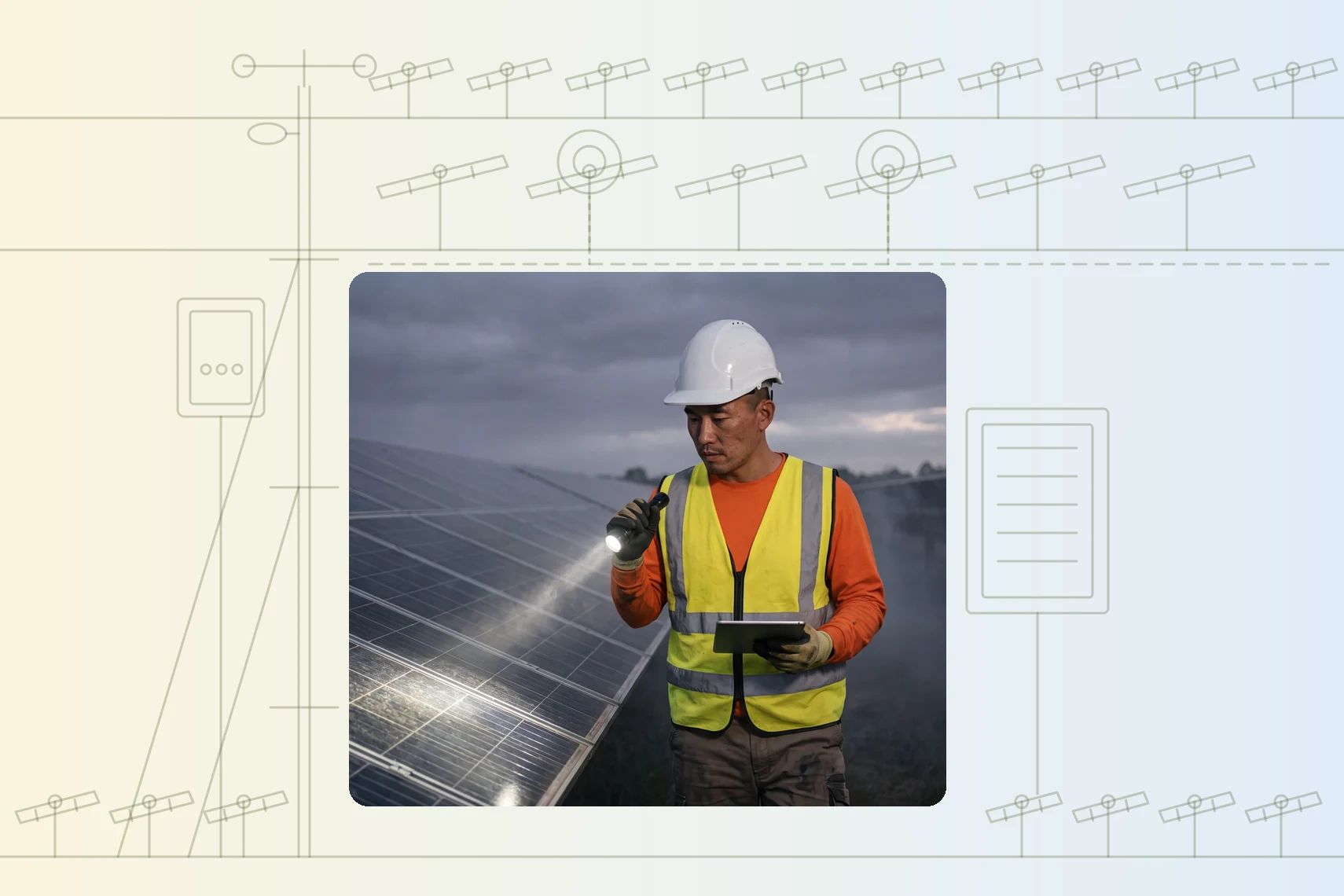Technician walking dawn rows with torch checking module glass