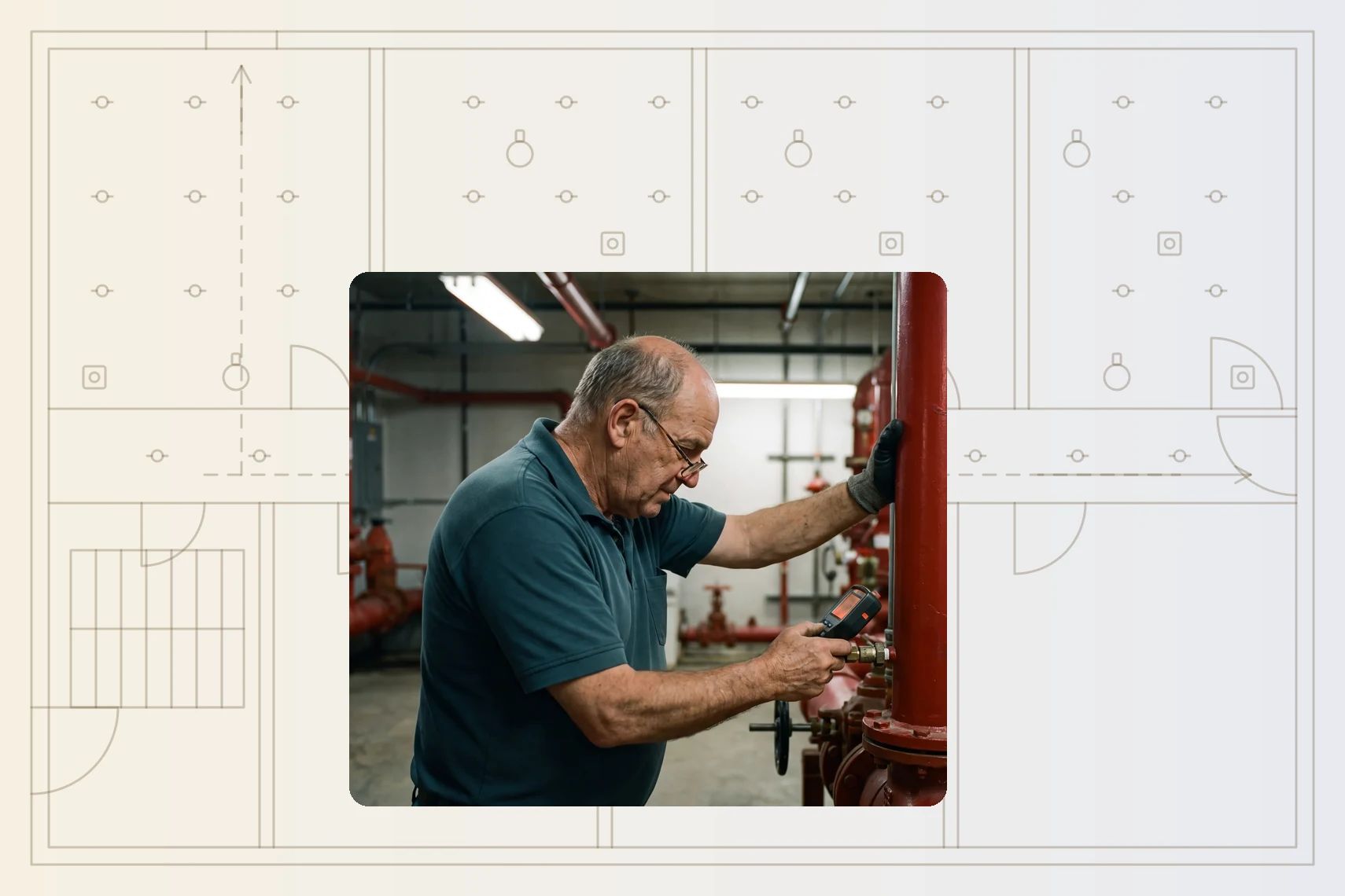 Inspector holding pressure test unit at sprinkler control valve trim
