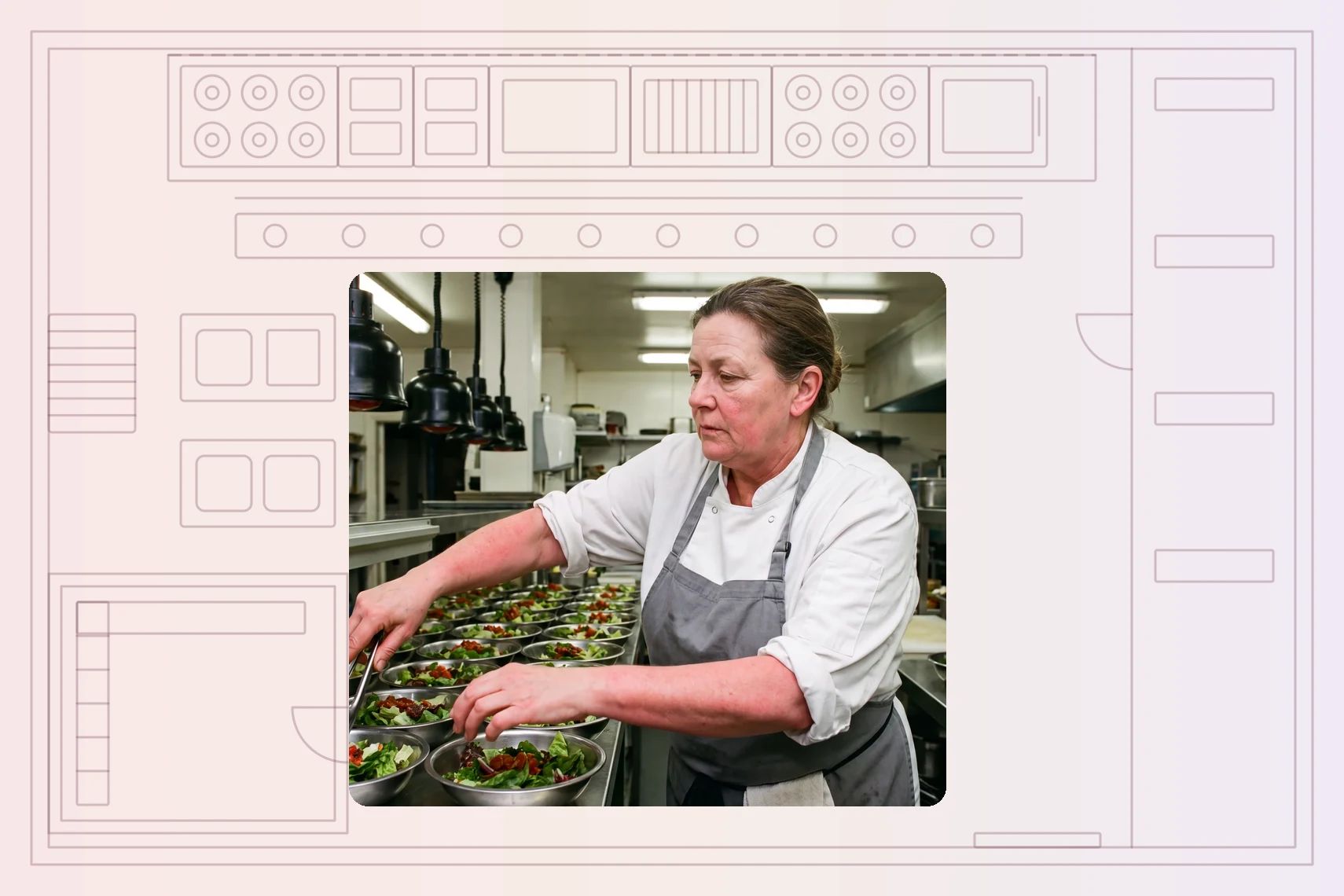 Cook portioning salads into rows of bowls along the pass