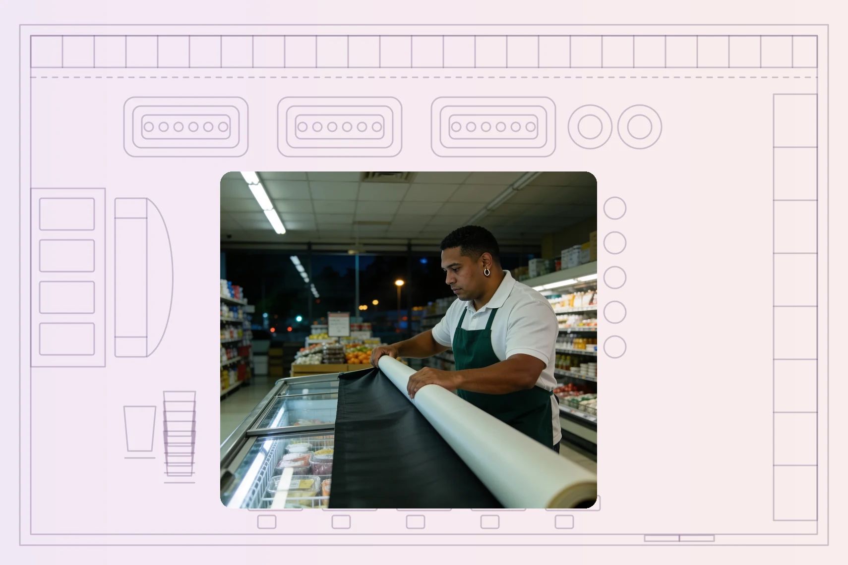 Worker pulling night blinds down over chilled cases at close