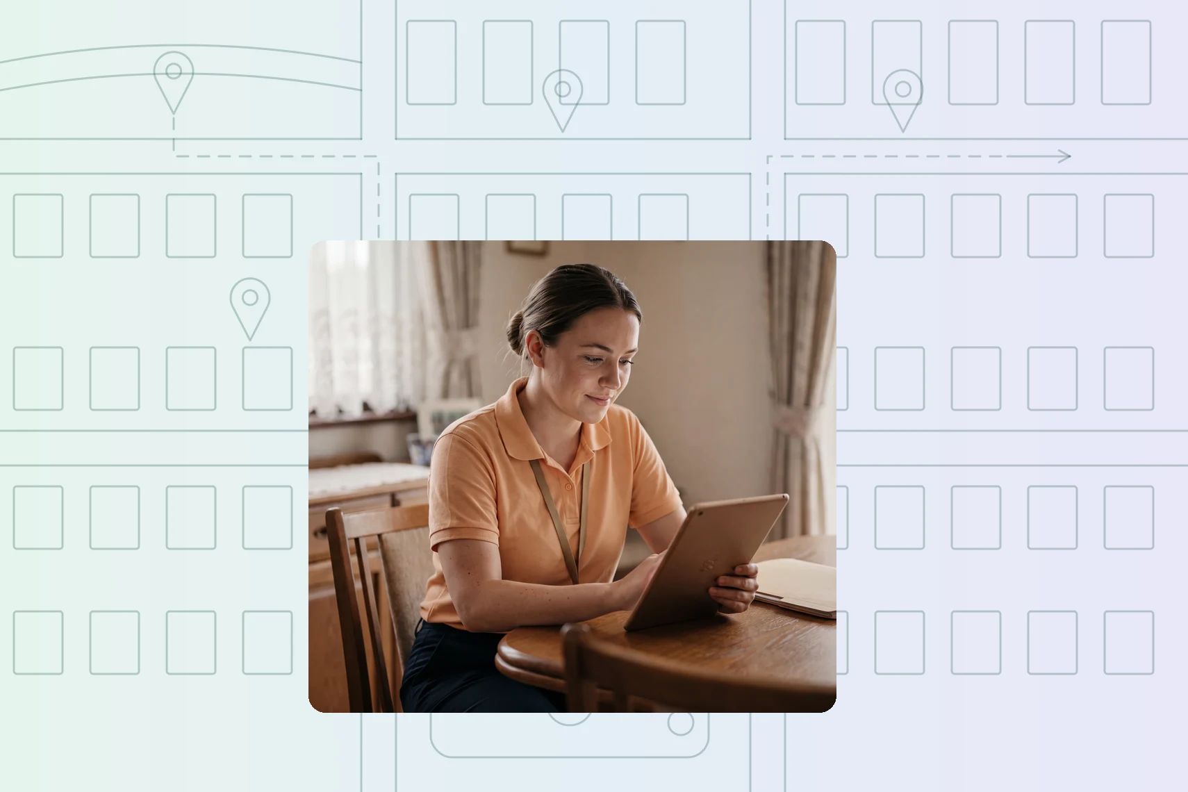 Home care worker reviewing care plan on tablet at client's dining table