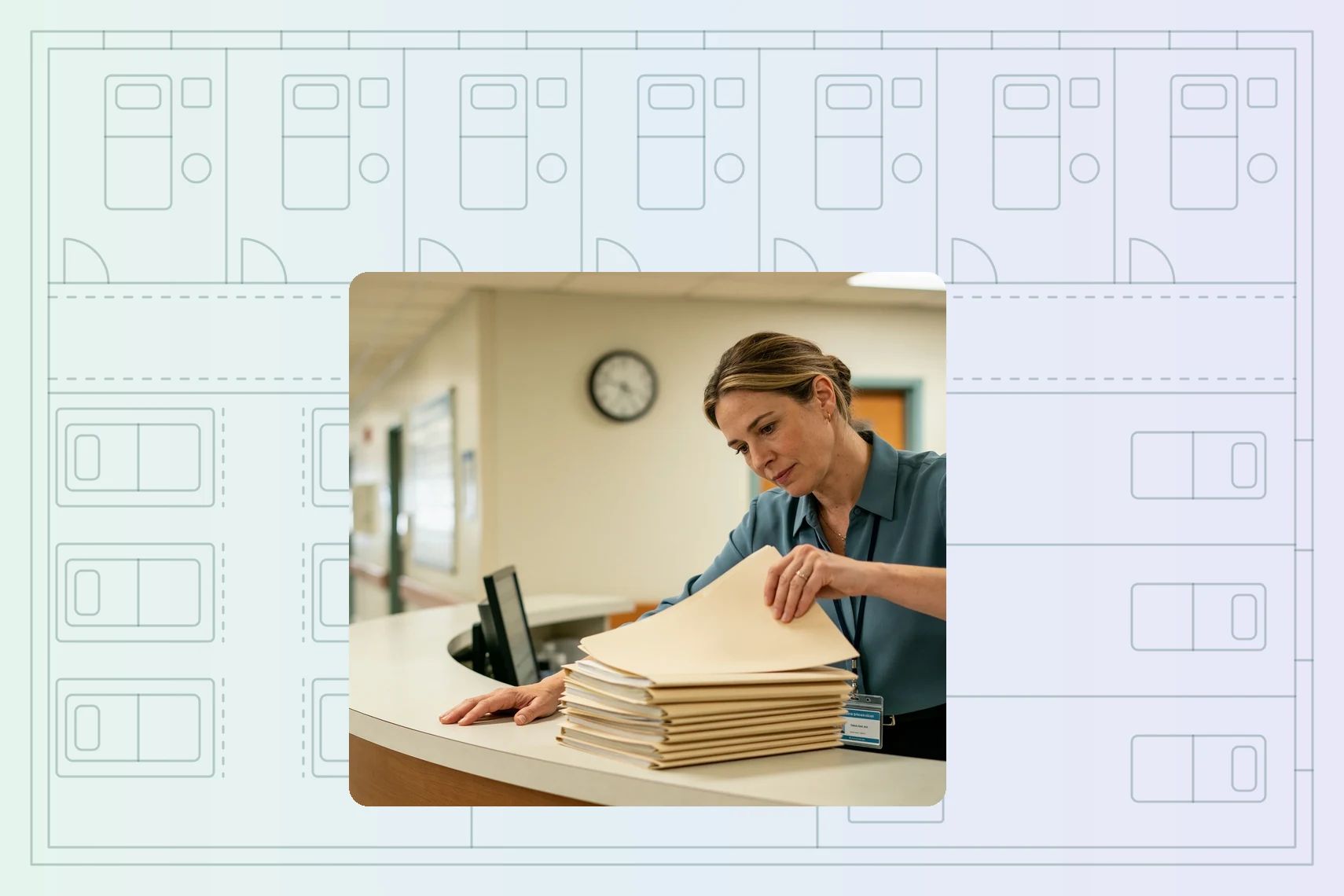 Ward clerk tidying folders at nurses' station