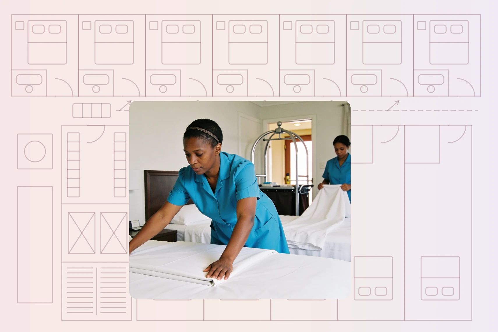 Housekeeper mitring sheet corner on king bed, colleague stripping second bed