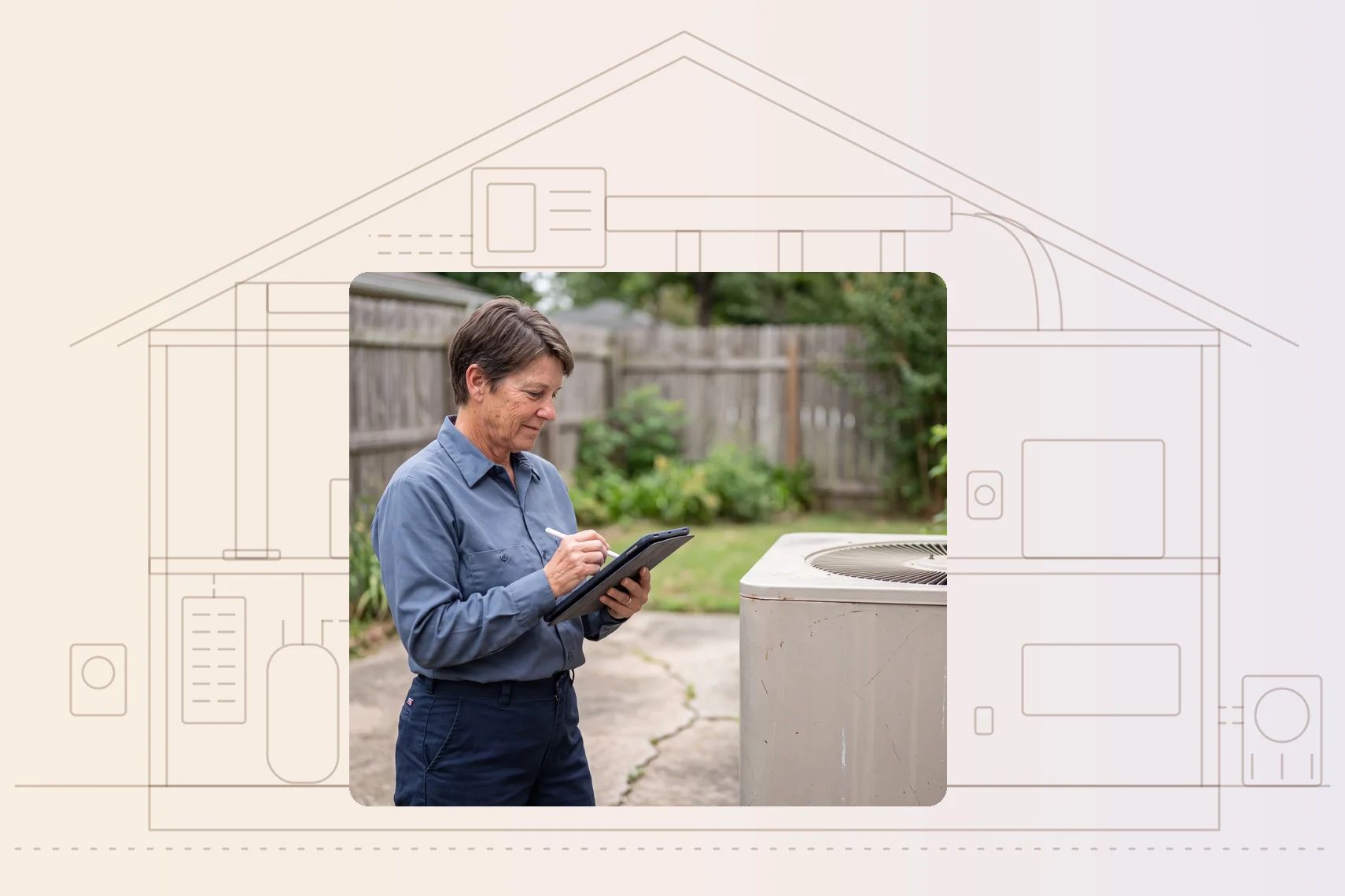 HVAC technician logging outdoor condenser reading on tablet