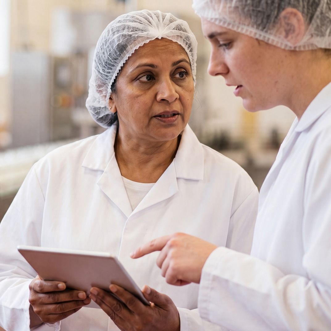 Two food production workers reviewing a batch schedule on a tablet