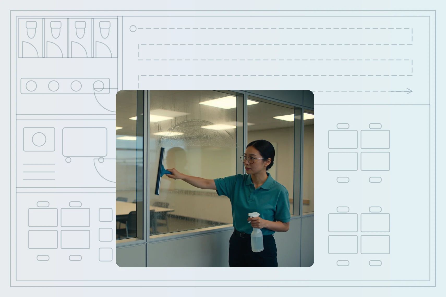 Cleaner squeegeeing glass partition mid-clean