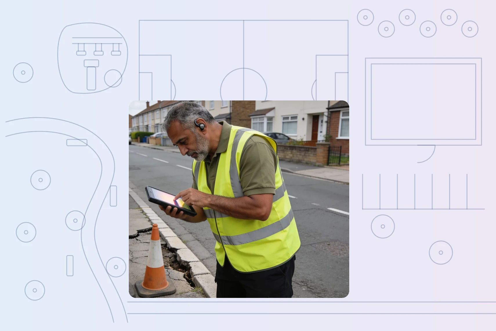 Street-maintenance officer logging kerb defect on tablet behind cones