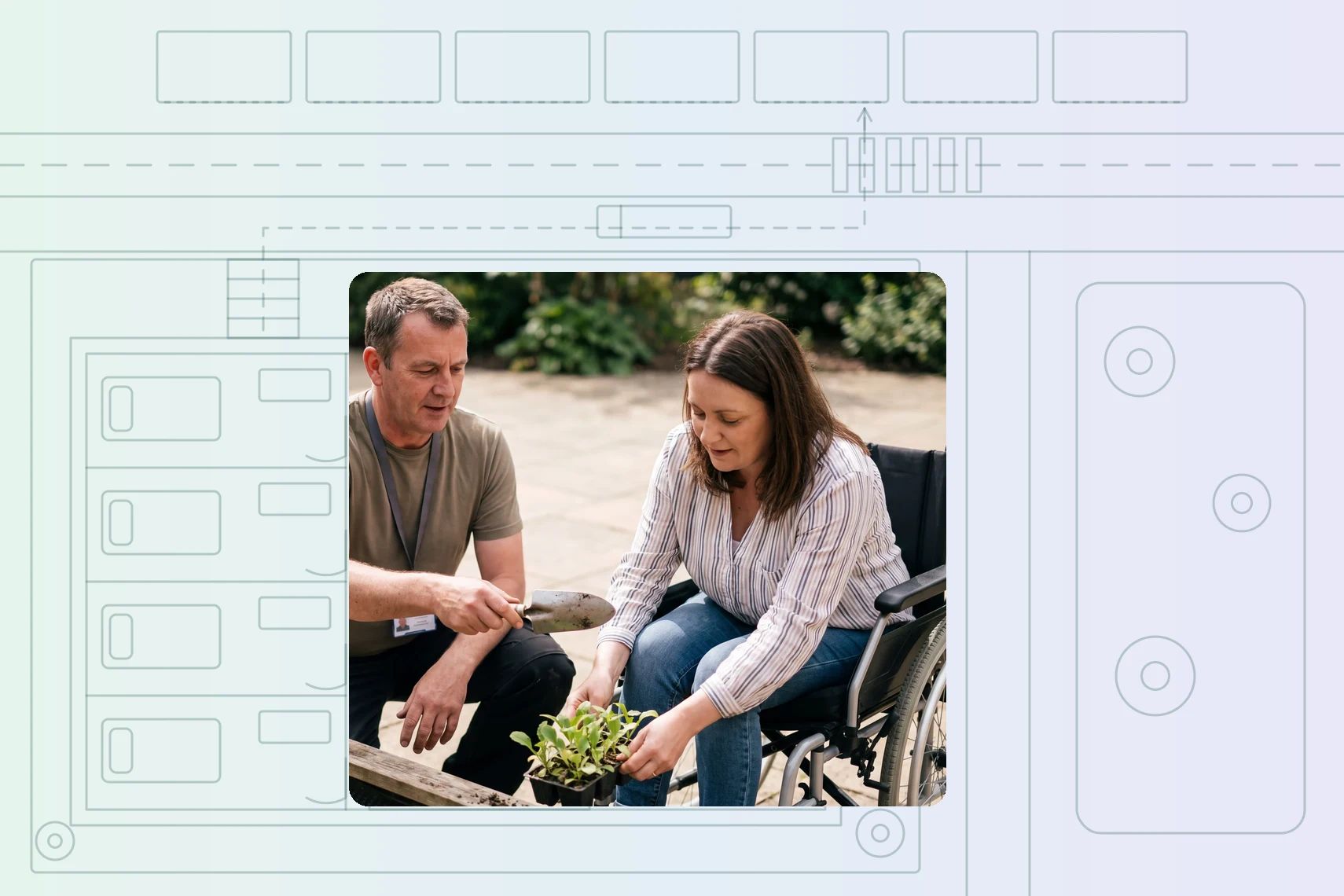 Support worker gardening with wheelchair user at raised accessible garden bed