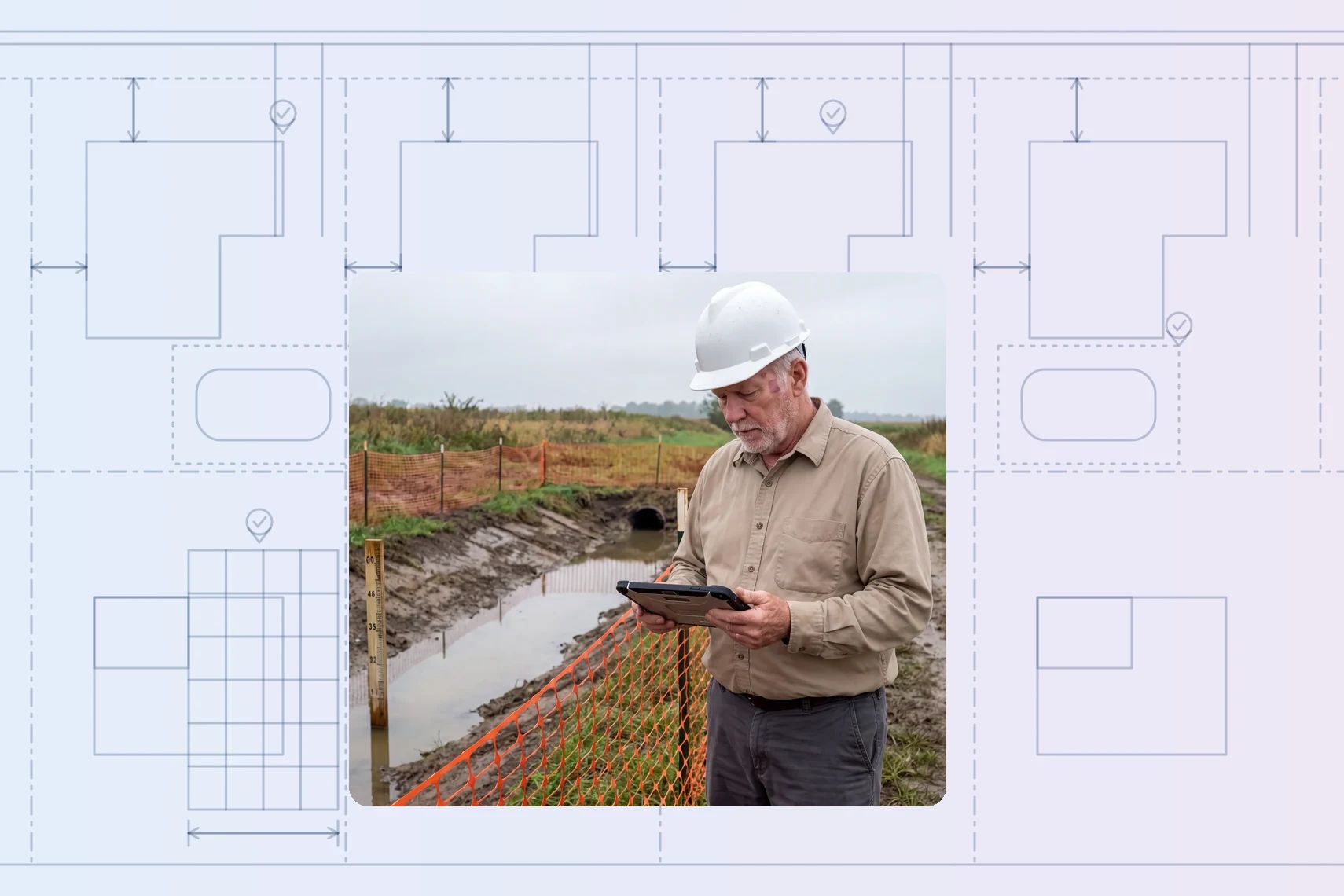 Inspector logging stormwater trench depth on tablet, trench behind mesh barrier