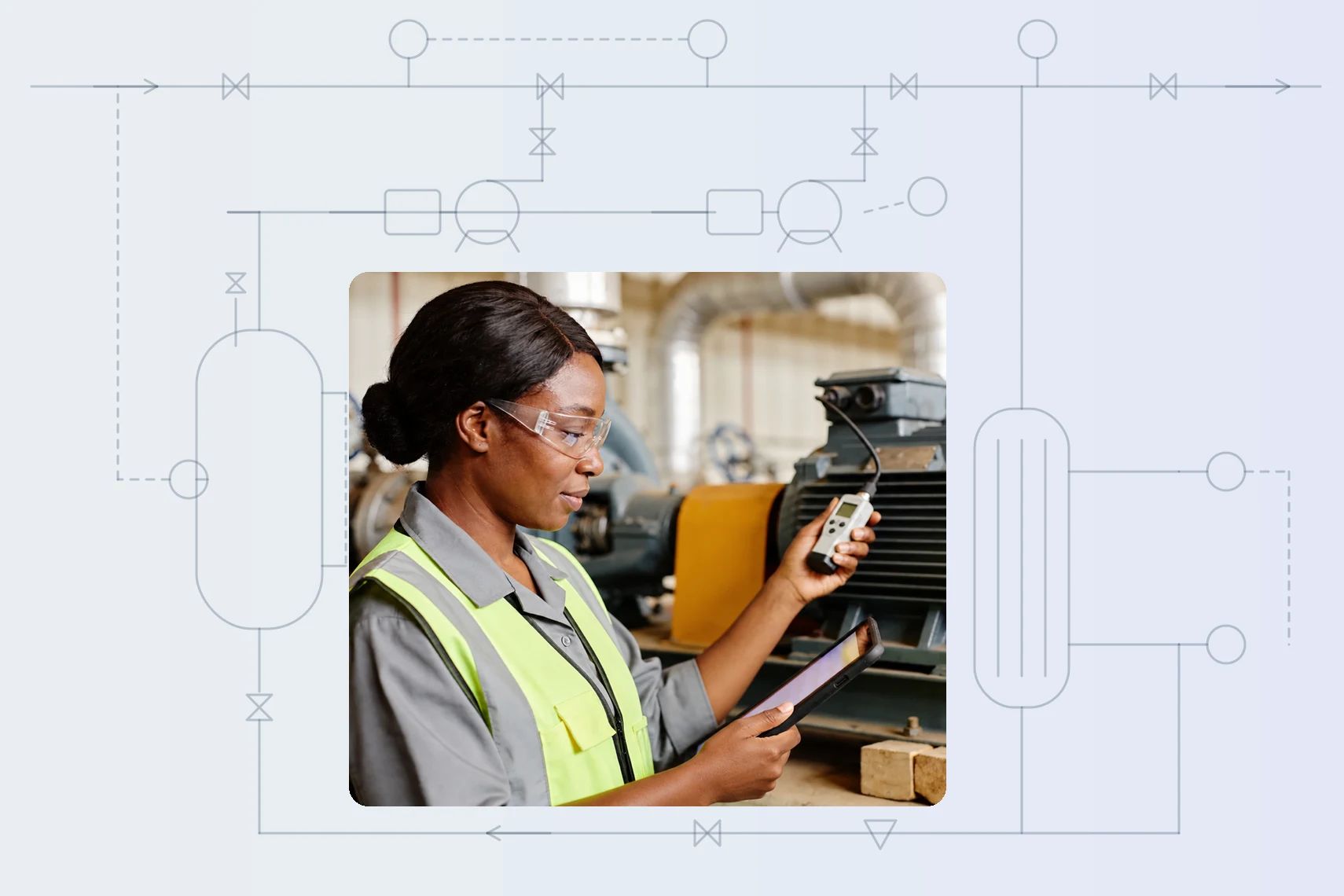 Maintenance technician taking a vibration reading on a pump motor and logging it on a tablet